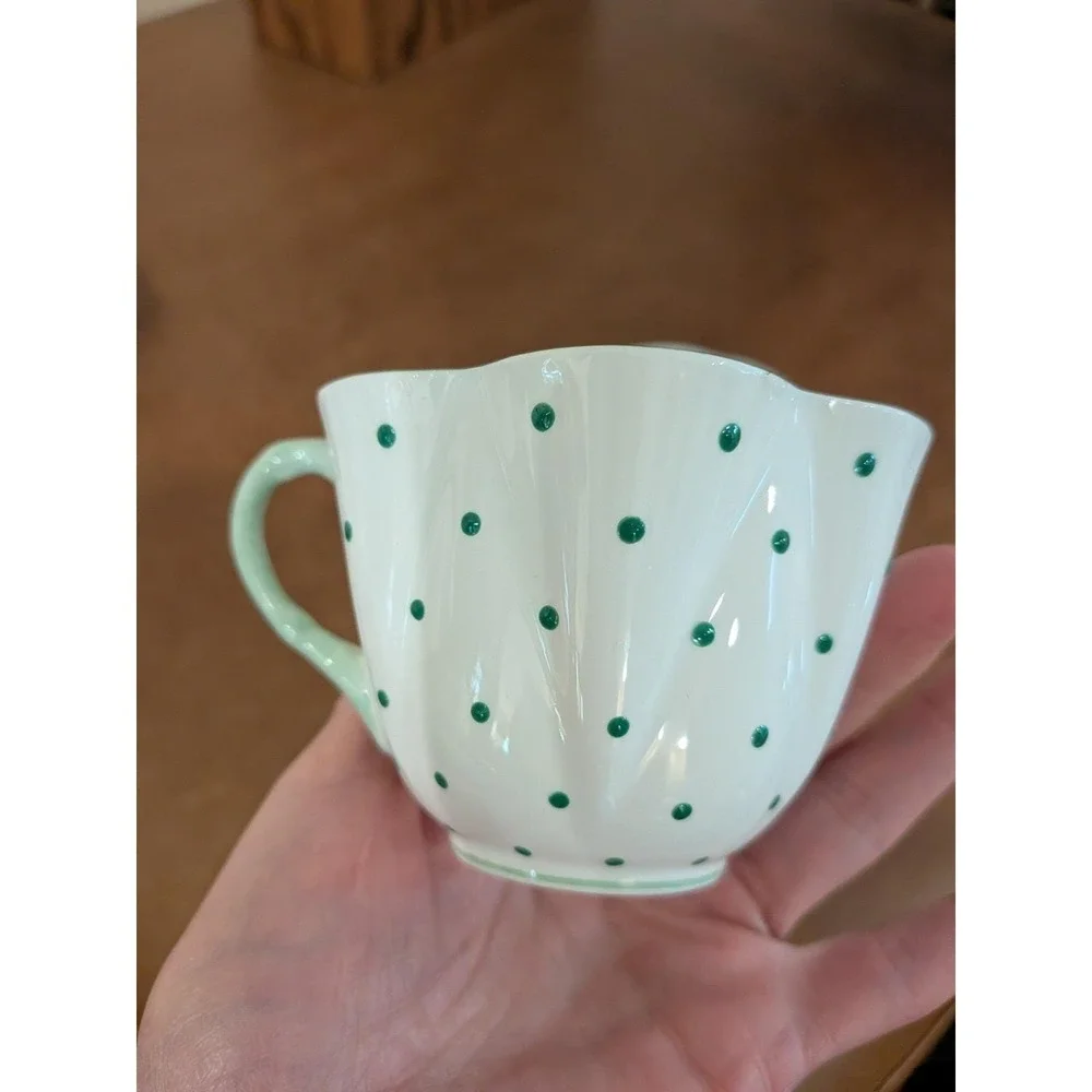 Shelley England Dainty Green Polka Dot Teacup and Saucer Fine Bone China 13748